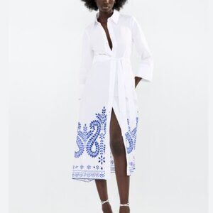 Zara Belted Midi Dress with Embriodery - NWT